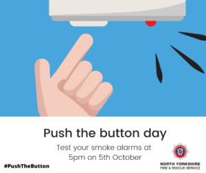 graphic of a hand with a finger reaching up to push the test button on a smoke alarm